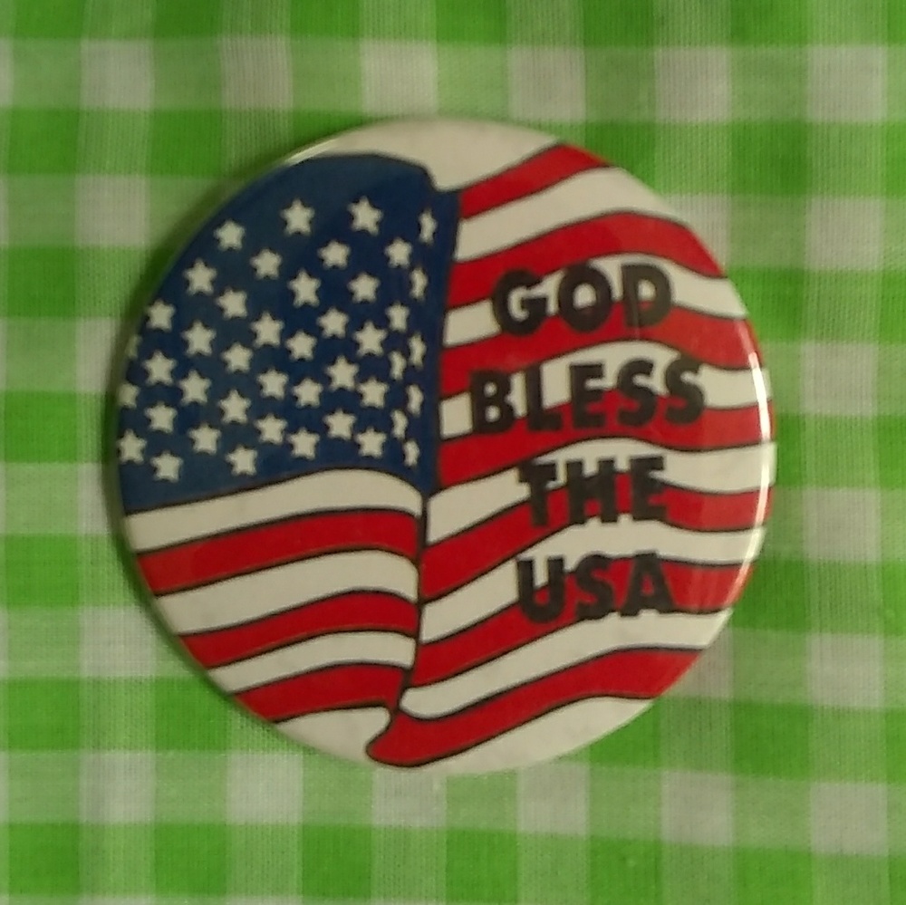 Vintage American Flag Button Pin God Bless the USA Big Patriotic Red White Blue